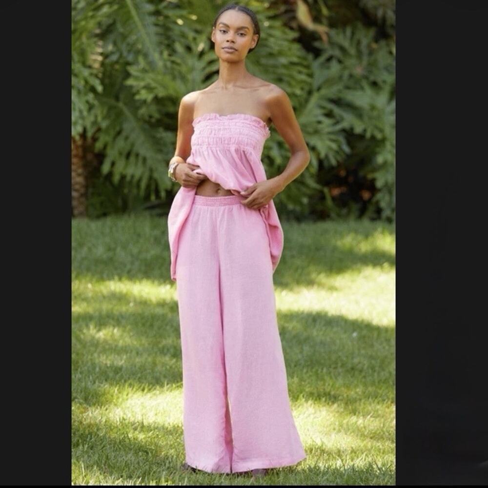 ANTHRO The Aubrey Light Pink Linen Blend Smocked Wide Leg Pants Woman’s Size XS